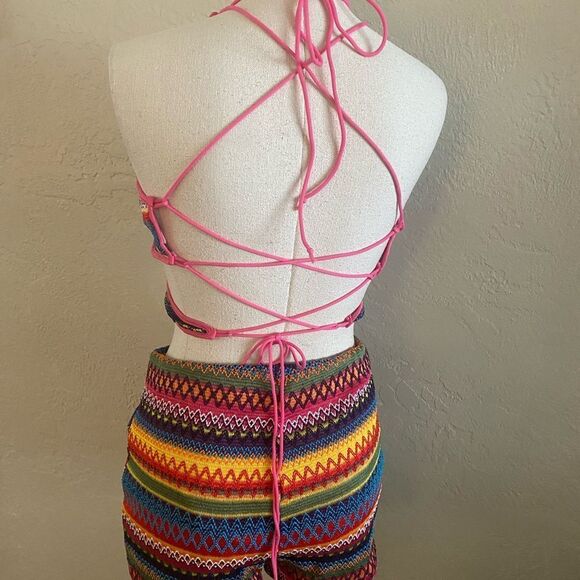 Adioli Lace Up Back Halter Top Shorts set Multicolored Crochet Look Sz M - Picture 4 of 10